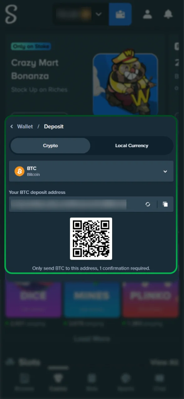 Choose your payment method on Stake and top up your account.