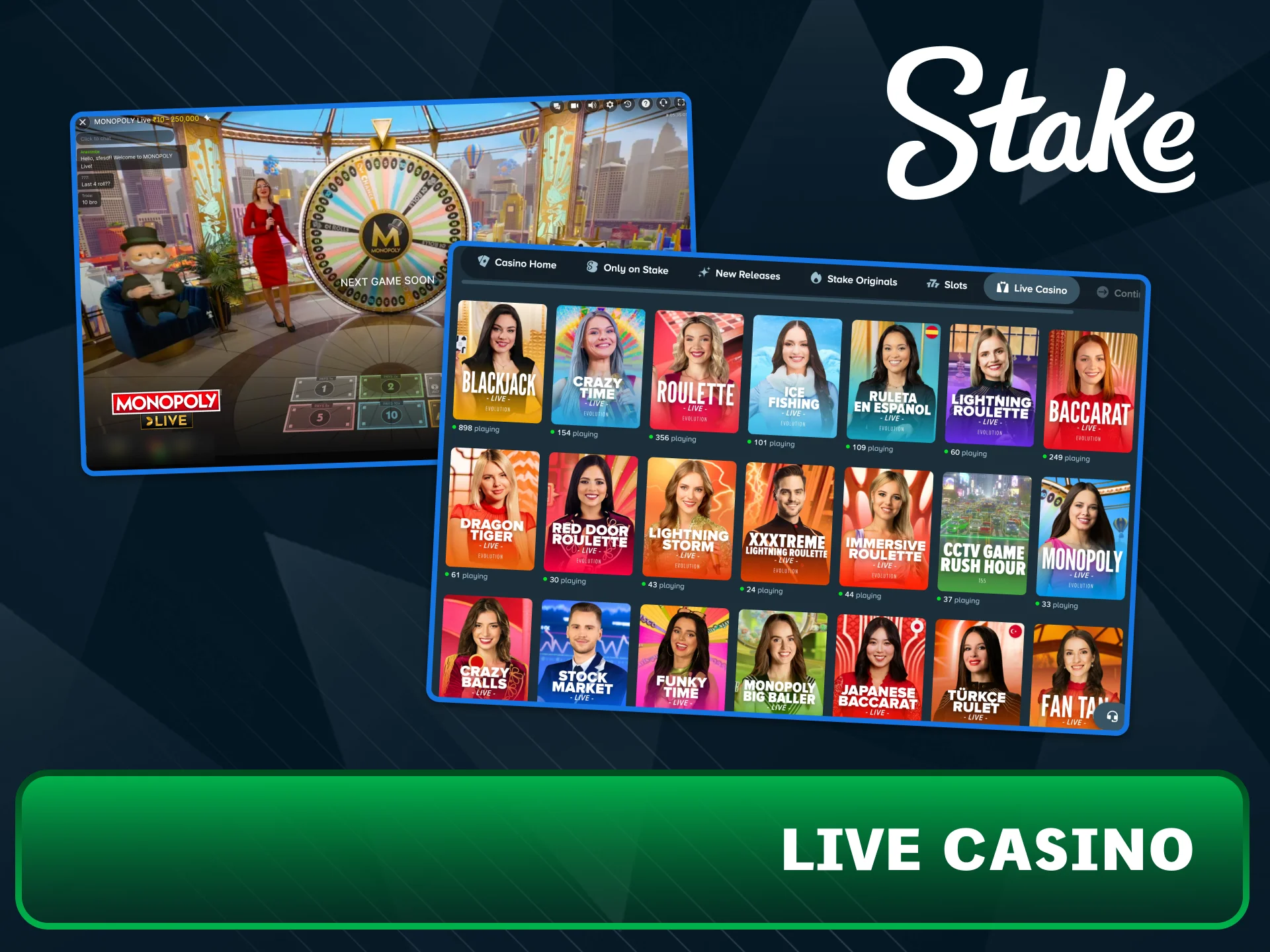 Enter game shows on Stake like Crazy Time or Monopoly.