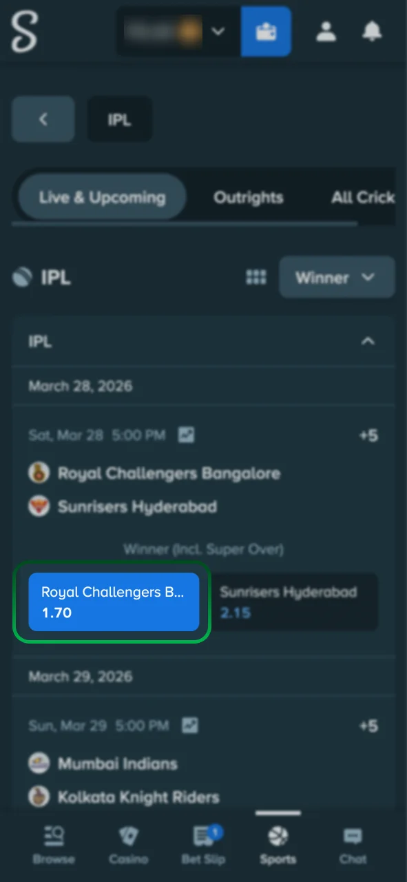 Navigate to the sports section on Stake and select cricket.