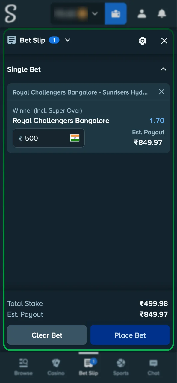 Click on your chosen market on Stake and enter your stake.