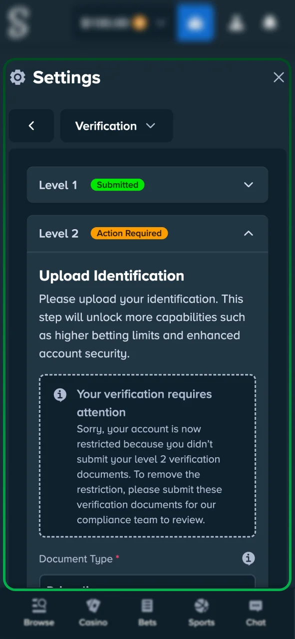 Verify your profile on Stake to enable higher withdrawal limits.