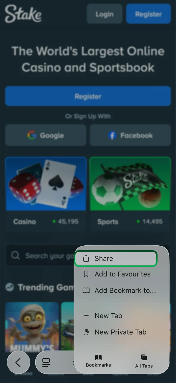 Tap the Share icon at the bottom of Safari to open the menu.