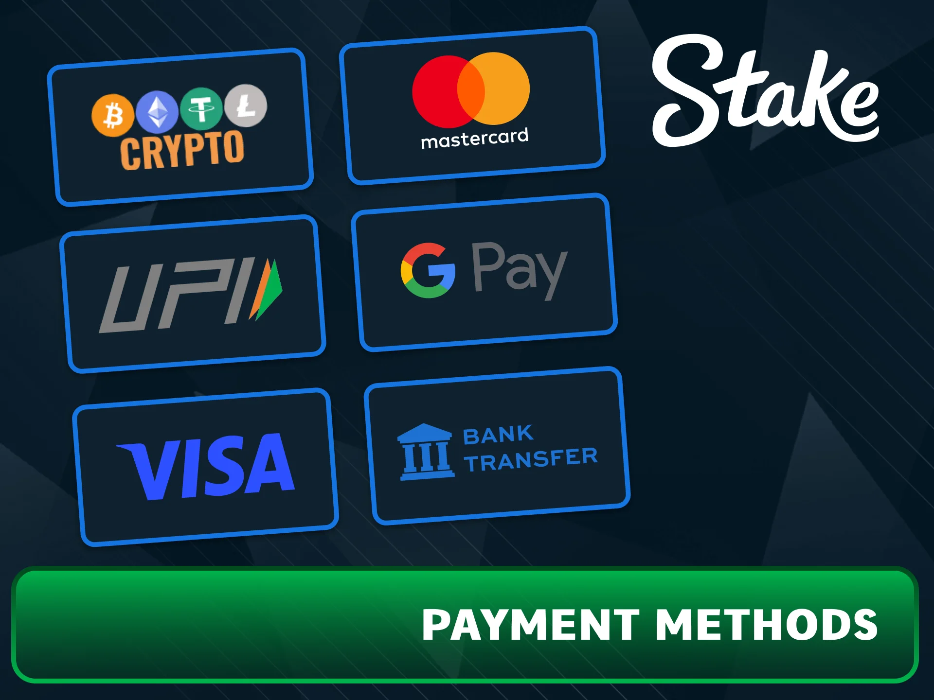 Top up your Stake account instantly using popular Indian payment methods.