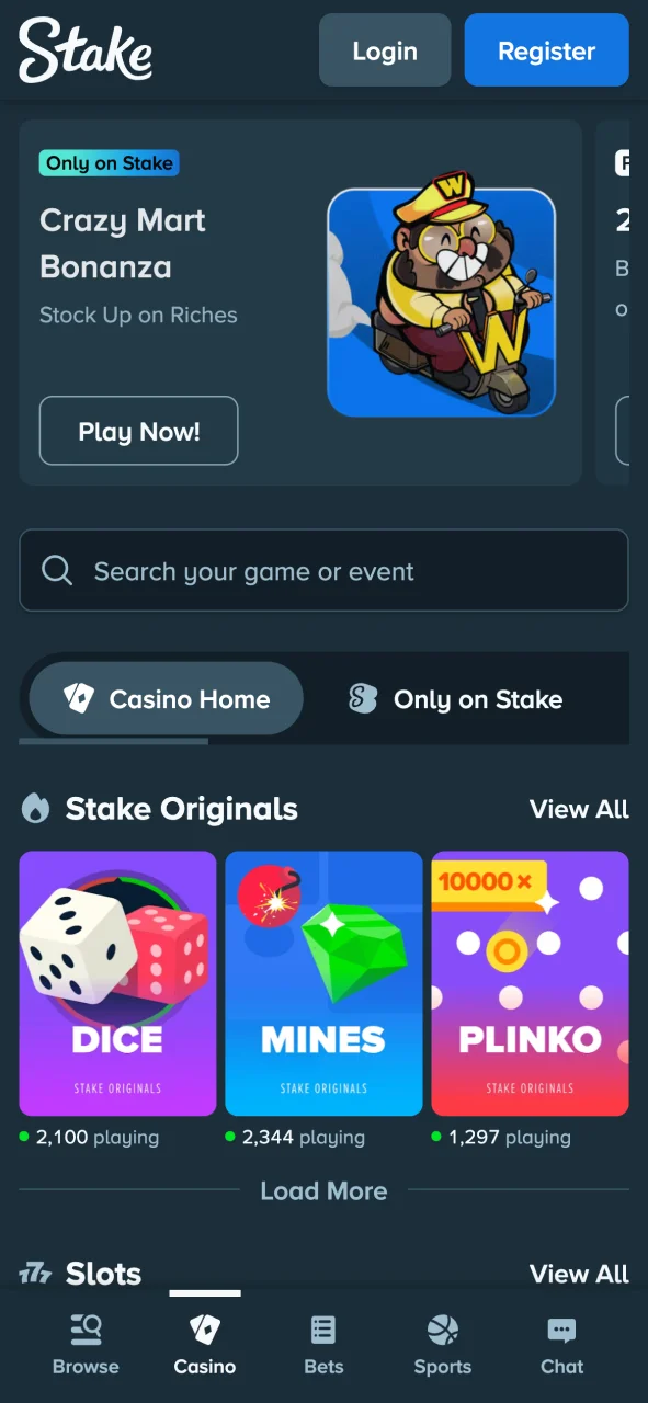 Play exclusive Stake Originals on the mobile casino app.