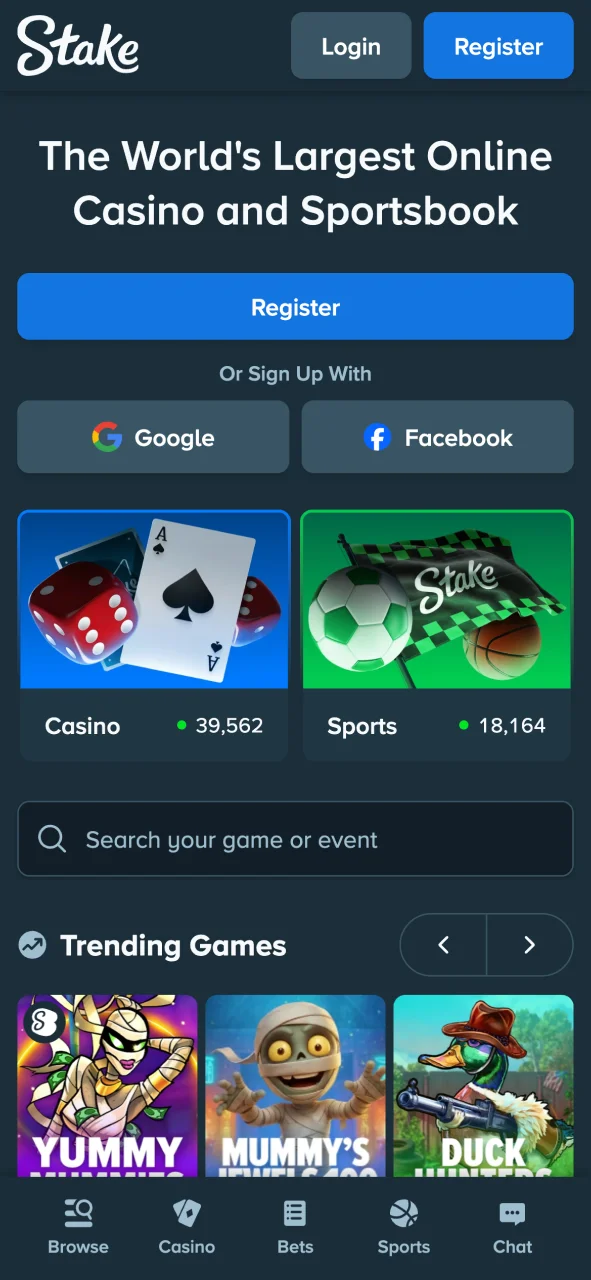 Explore sports and casino categories on the Stake mobile app.