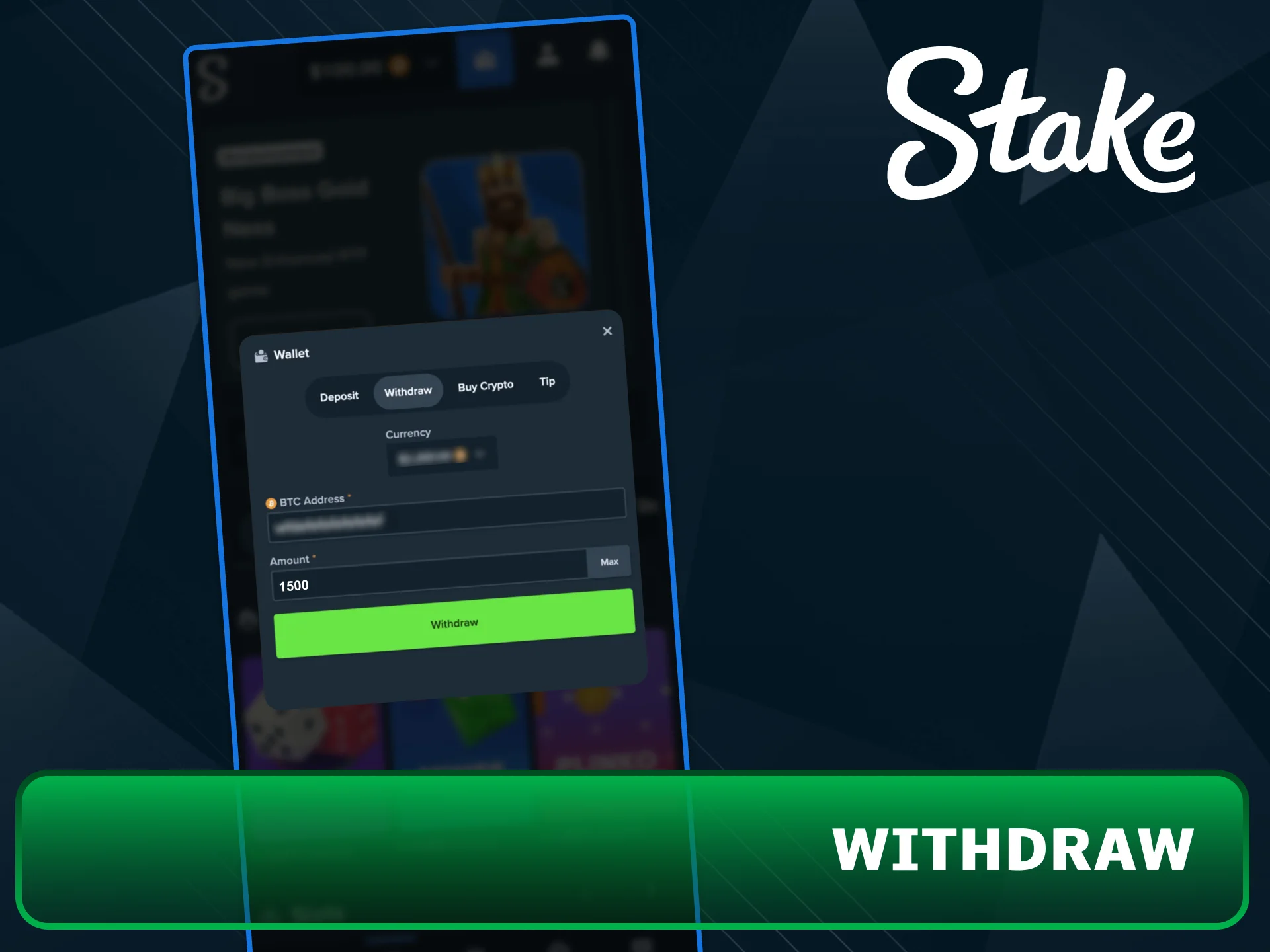 Choose your withdrawal method on Stake for a fast payout.