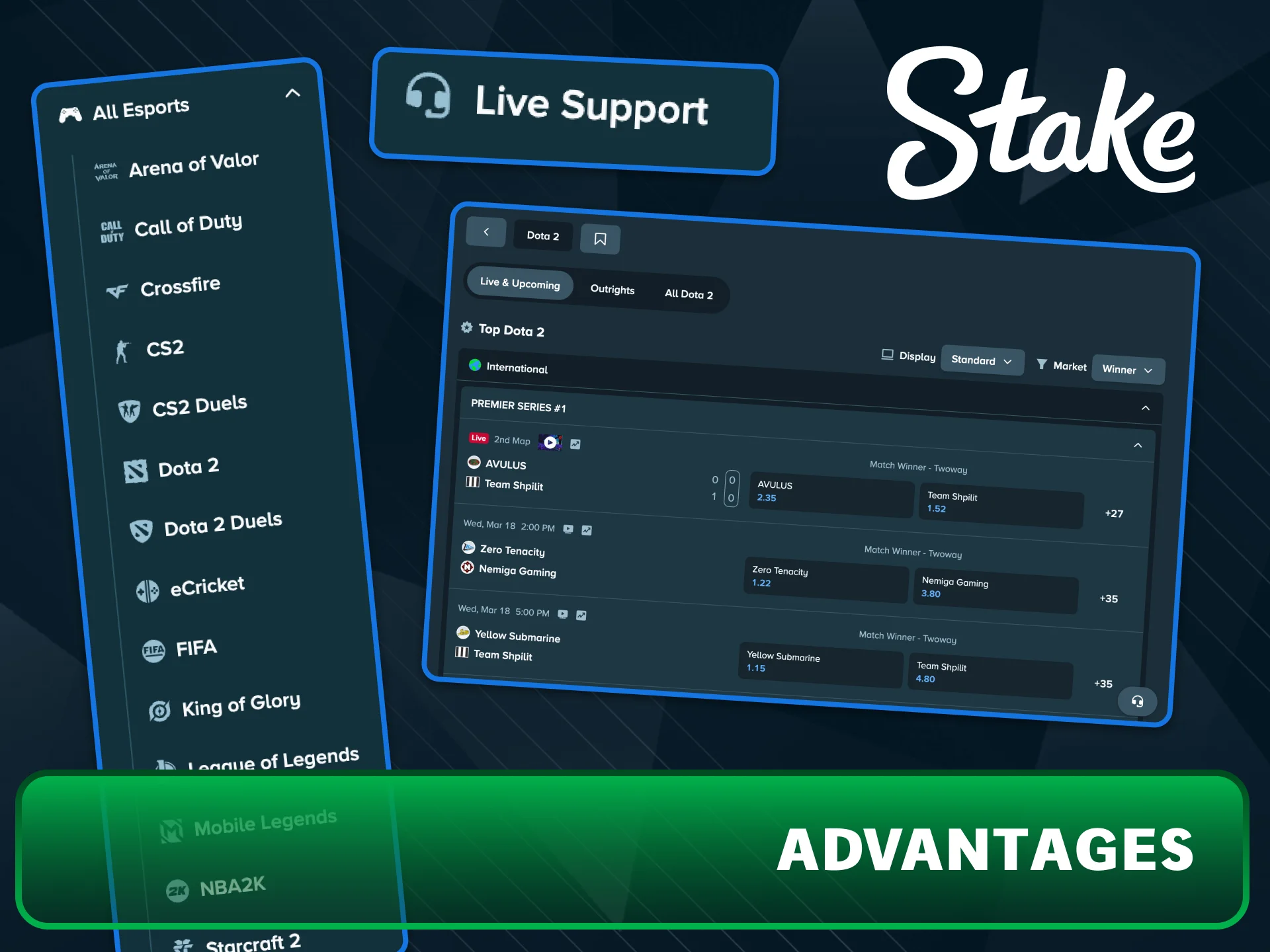Enjoy competitive esports odds on Stake for every match.