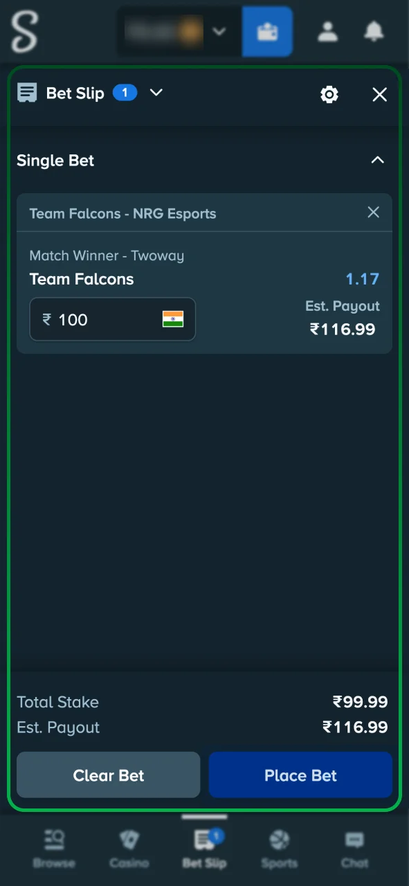 Choose your match on Stake and select a bet.
