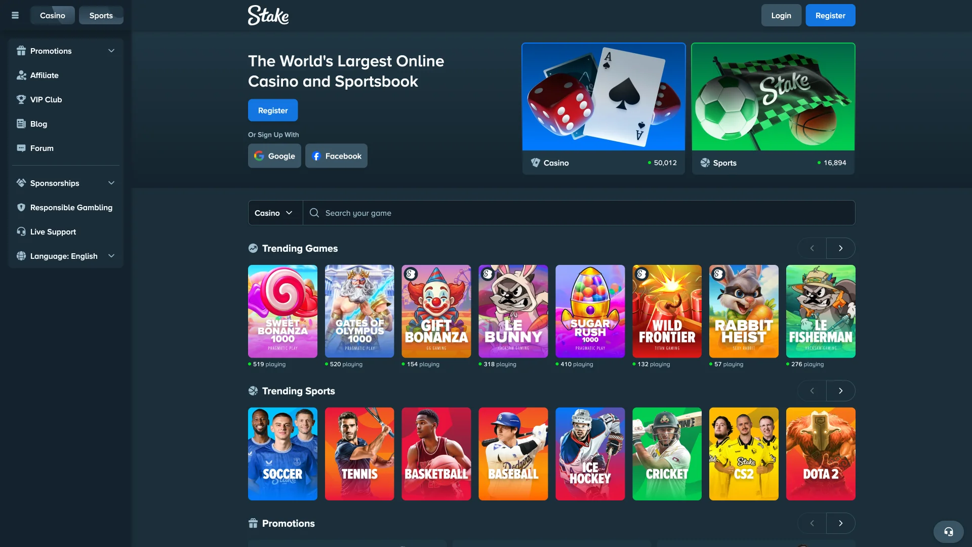 Explore the home page at Stake, for top casino games.