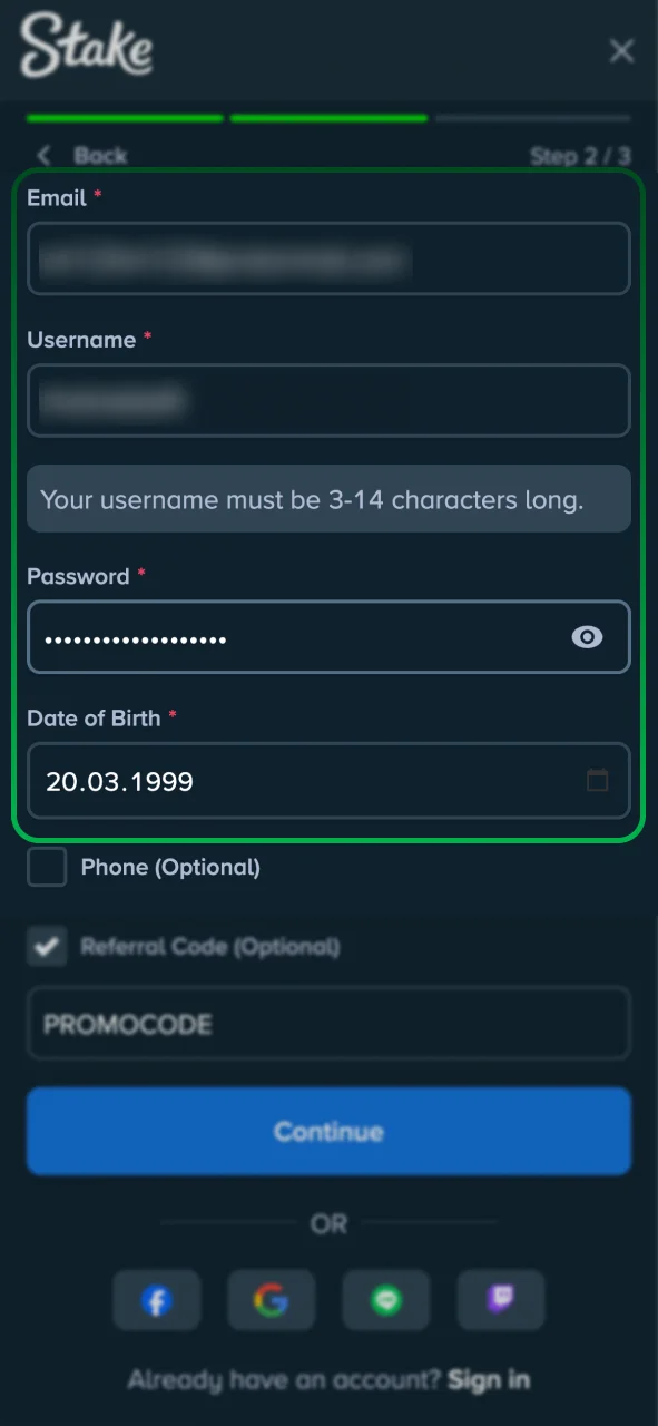 Enter your email and username to register on Stake.