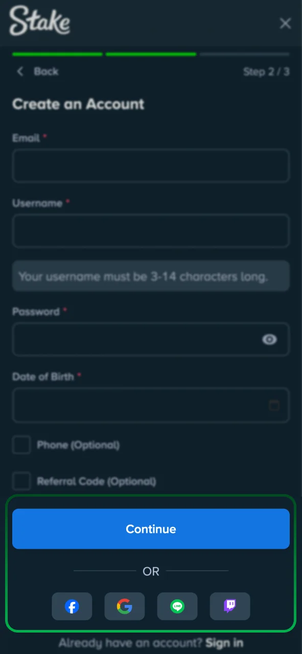 Choose your Stake registration method via email or social.