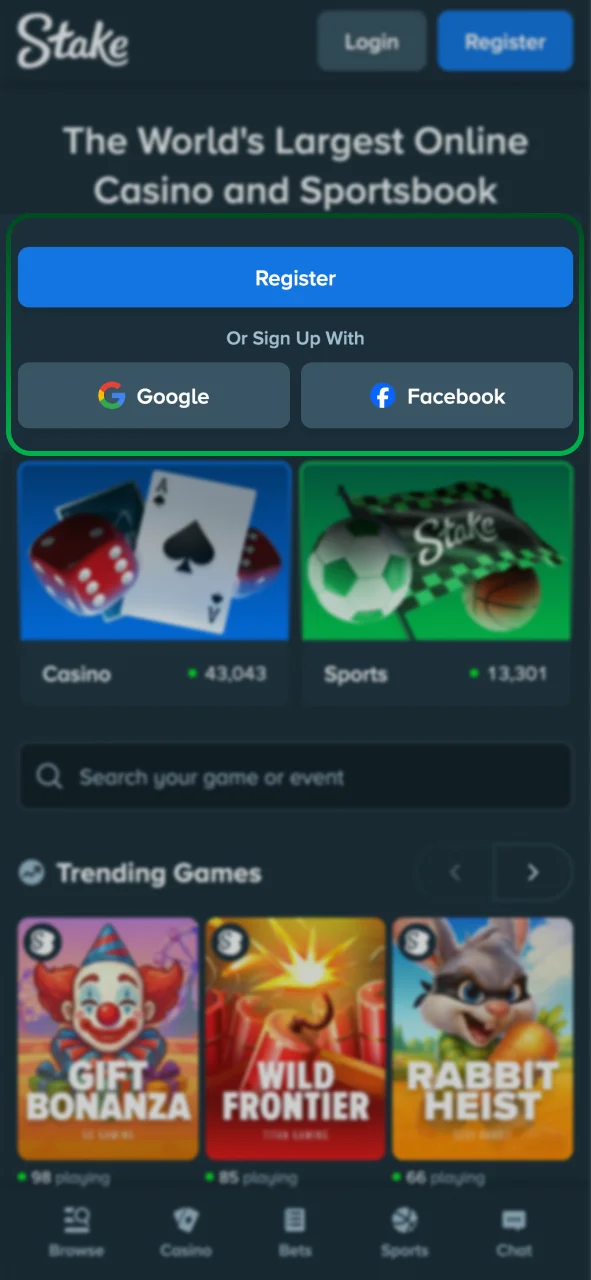 Register with Stake by tapping the button.
