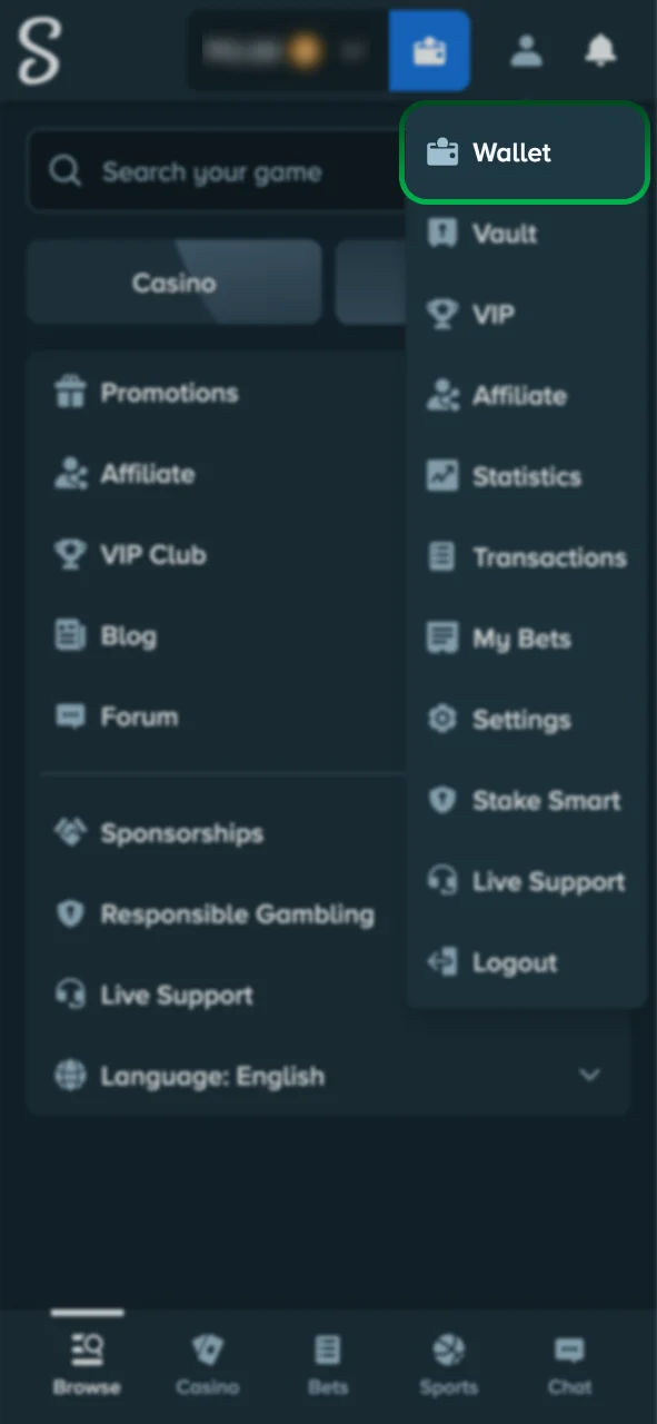 Go to the Stake Wallet section to fund your account.