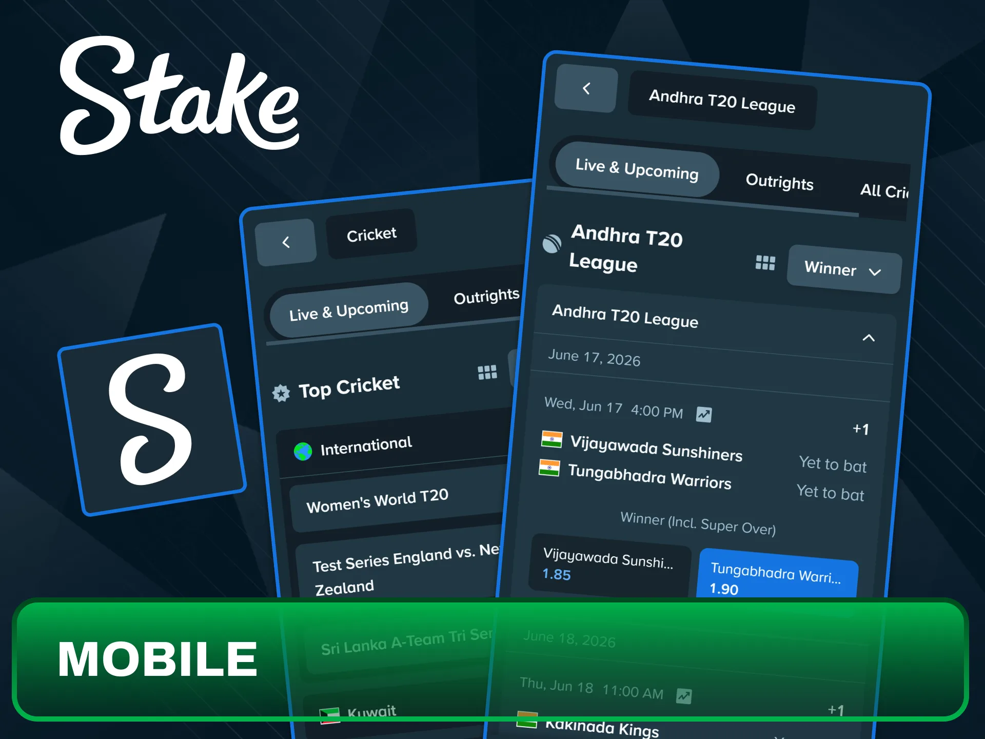 Use the mobile optimized version to place live cricket bets on the IPL at Stake.